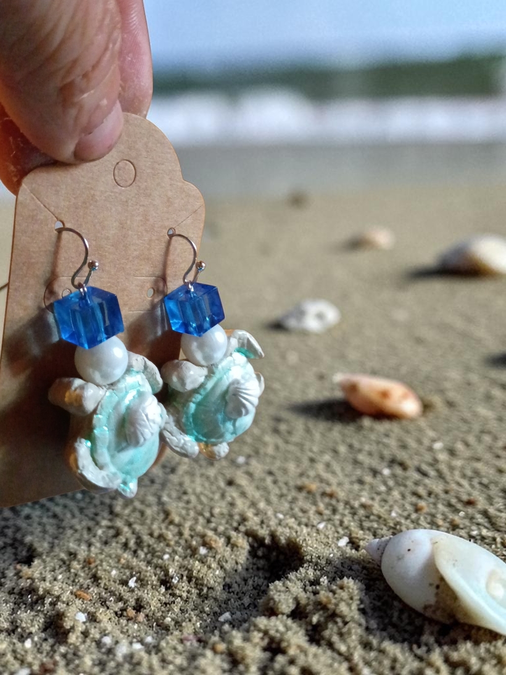 Sea Turtle Drop Earrings with Aqua Shells and Blue Crystal Accents